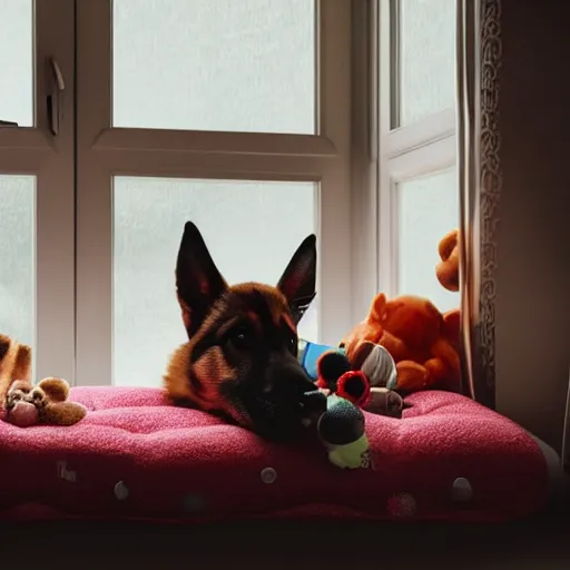 Prompt: eye - level view, in a child's bedroom filled with toys there is a bed under a window with a colorful bedspread. a super cute gsd puppy runs and jumps and plays with dog toys on the bed. hilarious, funny, back to school comedy, cg animation, 3 d octane render, imax 7 0 mm,