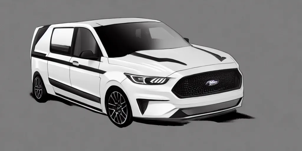 Prompt: a white van with Ford Mustang GT 2021 front design. No background, concept art style.