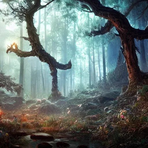 Image similar to mysterious forest, detailed, intricate, cinematic lighting, trending of artstation, 4k, hyperrealistic, focused, extreme details, cinematic, masterpiece