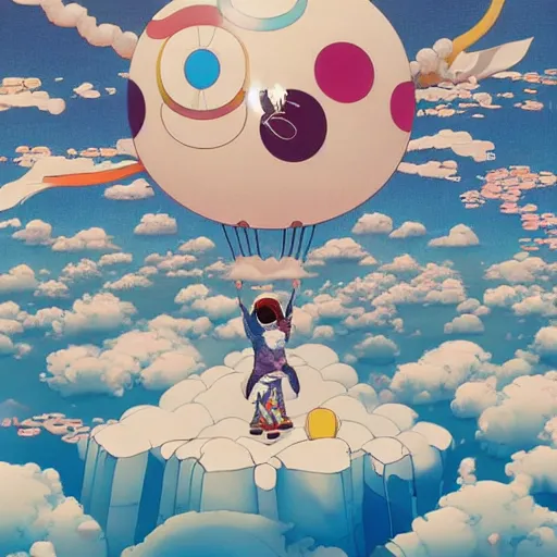 Image similar to a man walking on clouds above kyoto by takashi murakami, beeple and james jean, aya takano color style, 4 k, super detailed