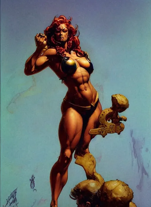 Prompt: ample golden saint girl, strong line, deep color, beautiful! coherent! by frank frazetta, by brom, low angle