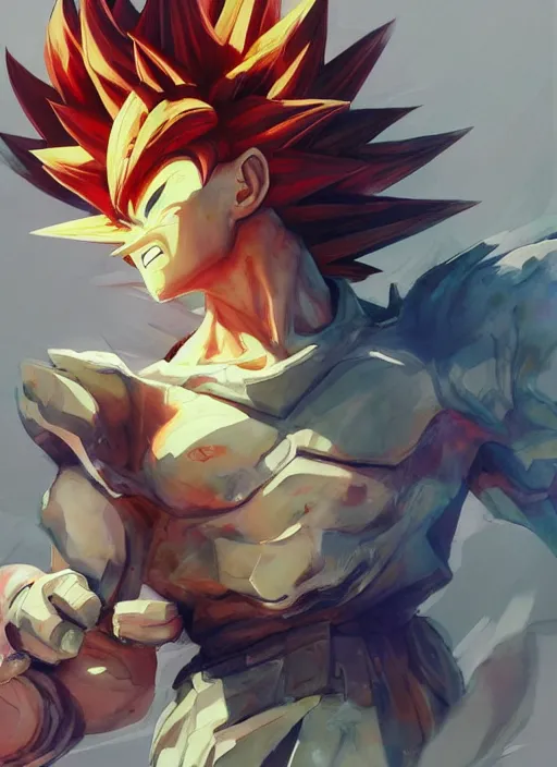 Image similar to semi reallistic gouache gesture painting, by yoshitaka amano, by ruan jia, by Conrad roset, by dofus online artists, detailed anime 3d render of goku KID super Saiyan, young goku blond, portrait, cgsociety, artstation, rococo mechanical, Digital reality, sf5 ink style, dieselpunk atmosphere, gesture drawn