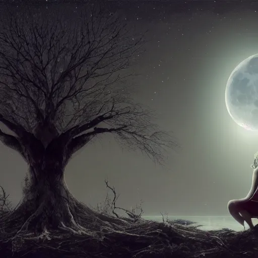 Prompt: a star - gazing girl sits on the roots of an ancient tree next to a pond, the moon can be glimpsed through the trees, towering forest veiled by fog, dark fantasy, night time, realistic painting, ultra detailed