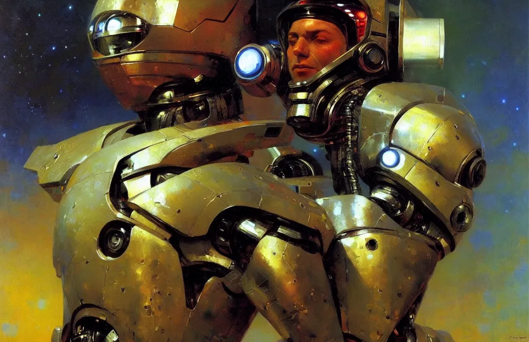 Image similar to portrait of futuristic space robot!!!!!!!!!!!!!!!!!!!!!!!!!!!, detailed face, detailed painting, epic lighting, by ilya repin, phil hale and kent williams