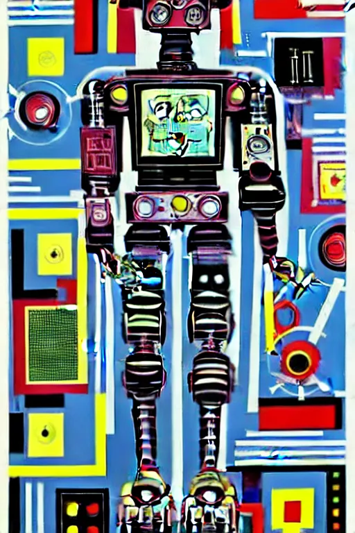 Image similar to a diagram of a robot body with various parts, cyberpunk art by eduardo paolozzi, behance contest winner, computer art, greeble, steampunk, poster art, james turrell, robert rauschenberg, andy warhol, pop art, czechoslovakia, surrealism, milton glaser, graphic design