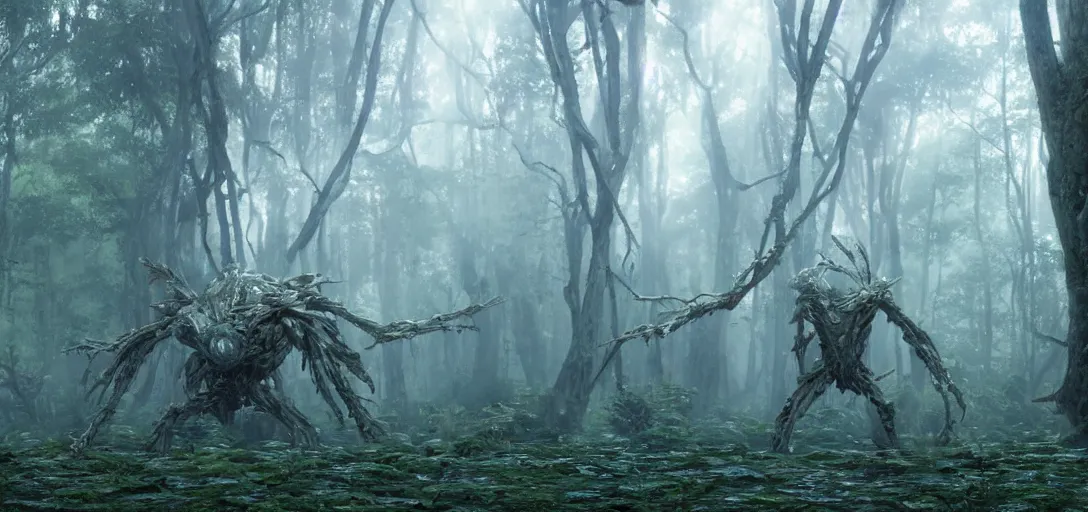 Image similar to a complex organic fractal 3 d metallic symbiotic ceramic humanoid megastructure creature in a swampy lush forest, foggy, sun rays, cinematic shot, photo still from movie by denis villeneuve, wayne barlowe