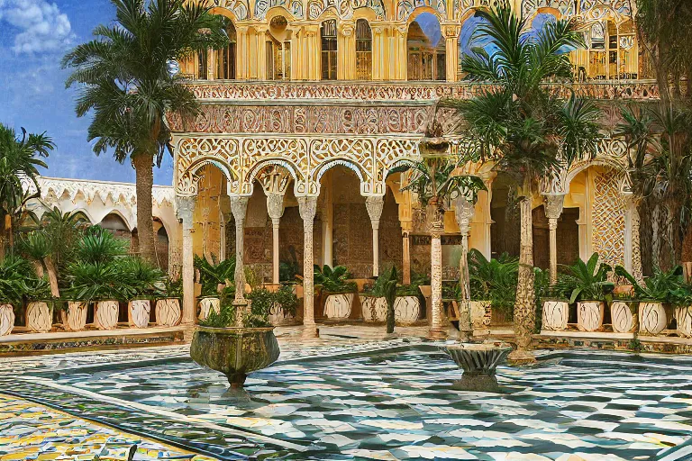 Image similar to painting of a beautiful moorish palace courtyard garden, by ludwig deutsch and donato giancola, patterned tilework, palm trees, tiled fountains, extremely detailed, cinematic lighting, smooth sharp focus