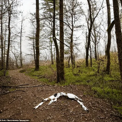 Image similar to you spot two dead horses spawled about fifty feet ahead of you, blocking the path. each has several black - feathered arrows sticking out of it. the woods press close to the trail here, with a steep embarkment and dense thickets on either side.