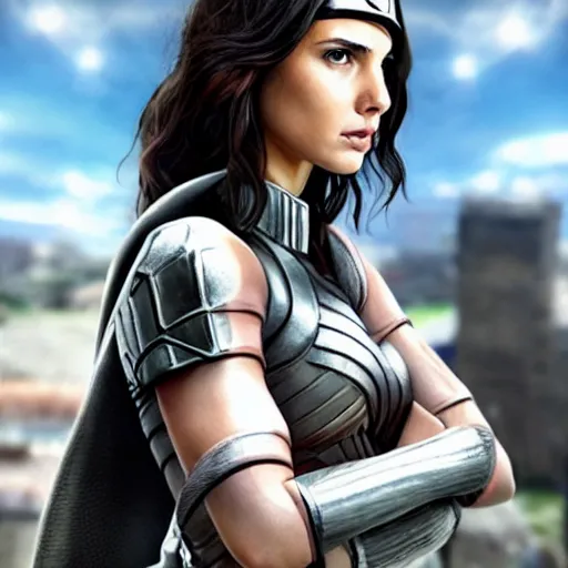 Prompt: gal gadot wearing 3d maneuver gear screenshot from attack on titan 進撃の巨人 anime emma watson as naruto uzamaki