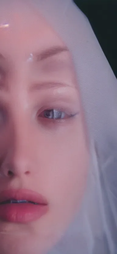 Image similar to filmstill photography of female face behind with white translucent blanket