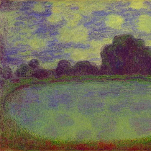 Prompt: a large gelatinous blob monster roaming threw a field, landscape, in the style of monet