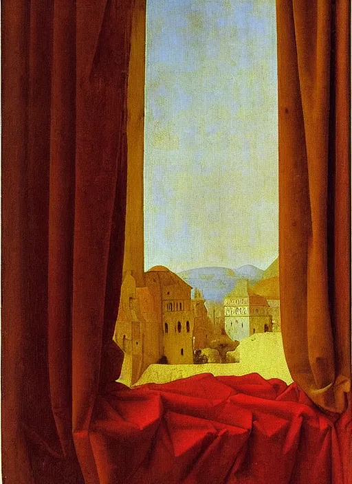 Image similar to red curtain, medieval painting by jan van eyck, johannes vermeer, florence