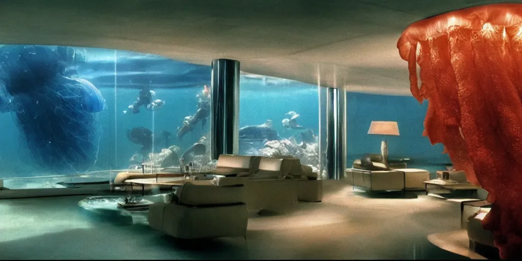 Image similar to an underwater luxury apartment with large windows, 1 9 8 0 s science fiction, windows overlooking a lush ocean jellyfish coralle landscape, sci - fi film still, screenshot from a science fiction movie, ridley scott,