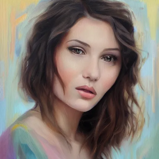 Prompt: beautiful portrait face centre oil on canvas of brunette with wavy hair Lilli Hollunder, art by Alina Ivanchenko, Rob Ross, WLUP, artgerm