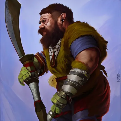 Image similar to greg irons portrait painting of a fantasy dwarf fighter with a huge iron axe, medium shot, asymmetrical, profile picture, organic painting, sunny day, matte painting, bold shapes, hard edges, street art, trending on artstation, by huang guangjian and gil elvgren and sachin teng