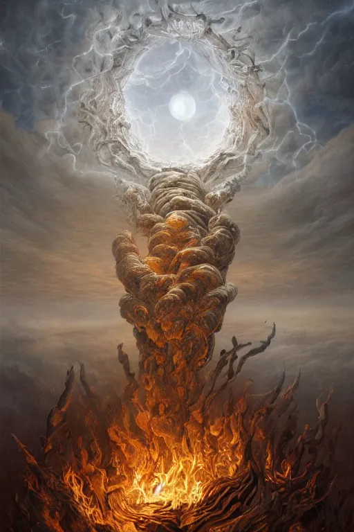 Prompt: Intricate stunning highly detailed HammerFall band, digital painting by agostino arrivabene and Vladimir Kush, surreal, ultra realistic, Horror vacui, dramatic lighting, full moon, thick black swirling smoke tornado, burning fire embers, artstation