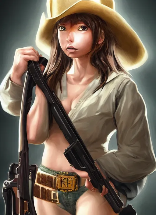 Image similar to a portrait one person, complexity, global lighting, detail, ultra sharpness, beautiful female sheriff body from games yoshihiro togashi style, big eyes, plump lips, a gunshot, global lighting, western saloon theme, detailed faces, blank faces, style by huyy nguyen,