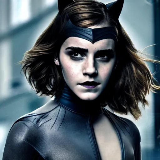 Image similar to Emma Watson as Catwoman, XF IQ4, f/1.4, ISO 200, 1/160s, UHD, crisp, Sense of Depth, Depth Layering, AI enhanced, HDR, in-frame