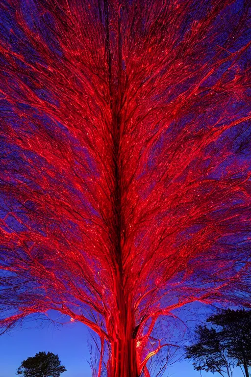 Prompt: A giant glowing red tree made out of light in the center of a corn field blasting off into space, 8K UHD