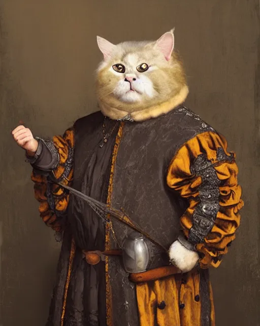 Image similar to fat gray cat with yellow eyes dressed like henry viii, tudor period menswear, colorful, hans holbein the younger, greg rutkowski, royal portrait, painting