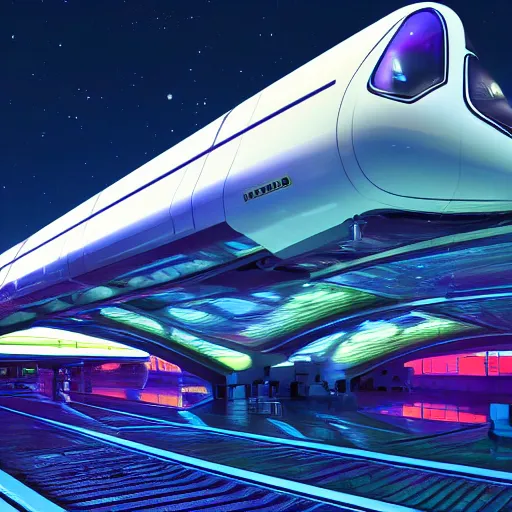 Image similar to space train station, futuristic, external view, neon colours, highly saturated, high def, 8 k, hd, highly detailed,