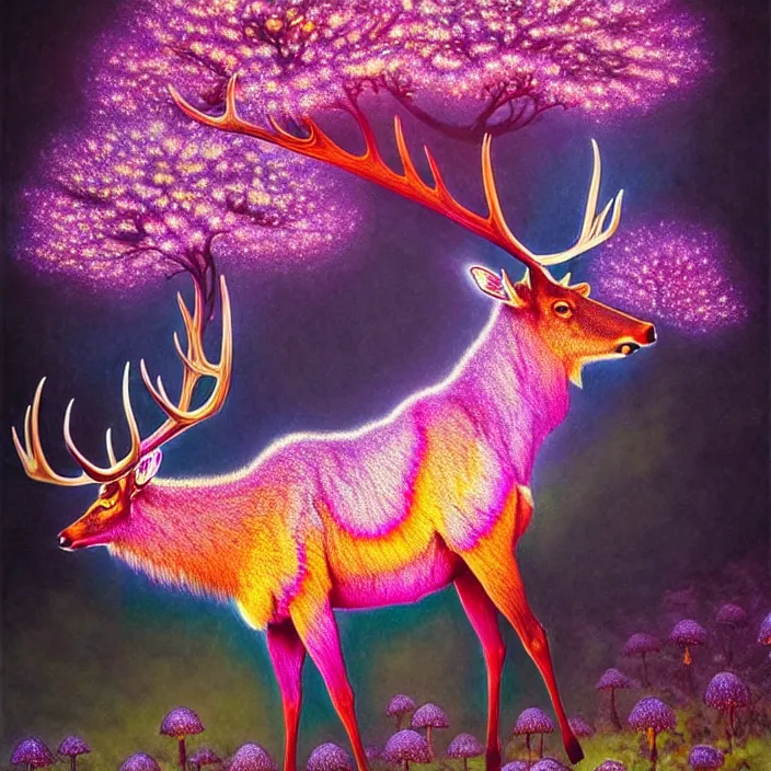 Image similar to extremely psychedelic elk made of orchid and cherry blossom tree and mushroom, LSD, diffuse lighting, fantasy, intricate, elegant, highly detailed, lifelike, photorealistic, digital painting, artstation, illustration, concept art, smooth, sharp focus, art by John Collier and Albert Aublet and Krenz Cushart and Artem Demura and Alphonse Mucha