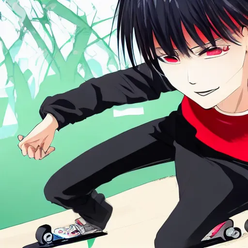 Prompt: Ken Kaneki, holding a skateboard, Hiroaki Tsutsumi style