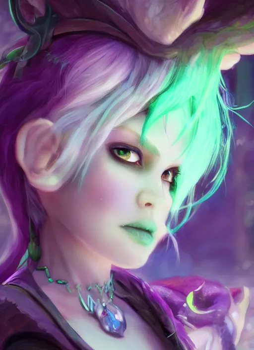 Image similar to lulu short fairy witch with green eyes, from league of legends, purple skin, au naturel, hyper detailed, digital art, trending in artstation, cinematic lighting, studio quality, smooth render, fluorescent skin, unreal engine 5 rendered, octane rendered, art style by klimt and nixeu and ian sprigger and wlop and krenz cushart