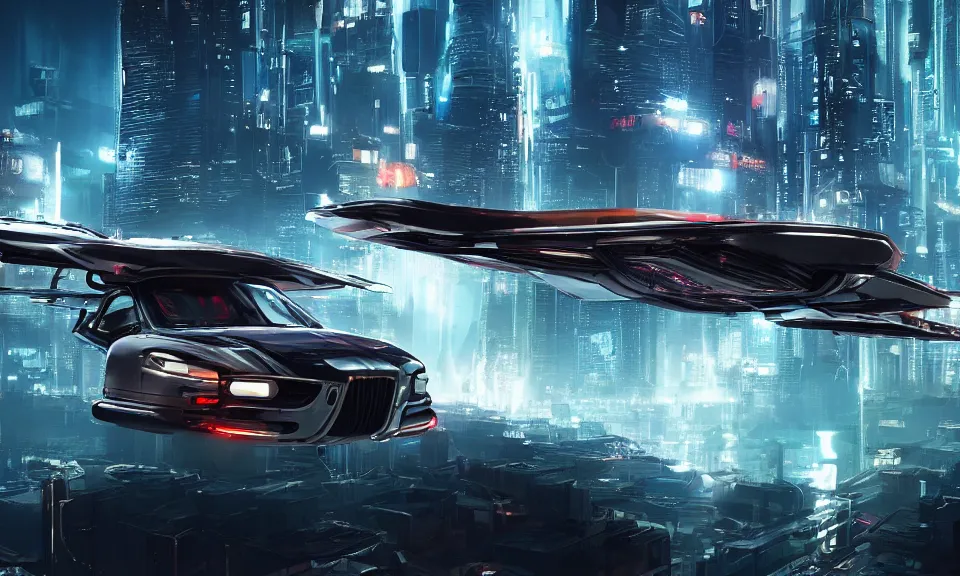 Prompt: cyberpunk, futurisric, flying, city, flying car, spaceship,