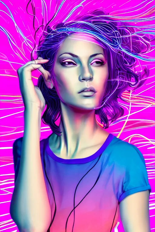 Image similar to a award winning half body portrait of a beautiful woman in a croptop and cargo pants with ombre purple pink teal hairstyle and hands in pockets by ari liloan, surrounded by whirling illuminated lines, outrun, vaporware, shaded flat illustration, digital art, trending on artstation, highly detailed, fine detail, intricate