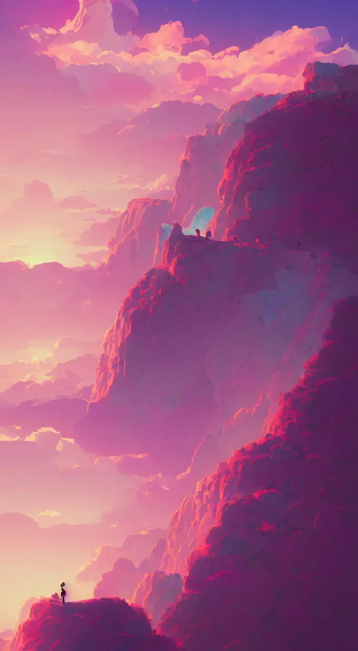 Image similar to Aesthetic Lonely cliff , pink clouds in the sky, brightly illuminated by rays of sun, artstation, colorful sylvain sarrailh illustration, by peter chan, day of the tentacle style, twisted shapes