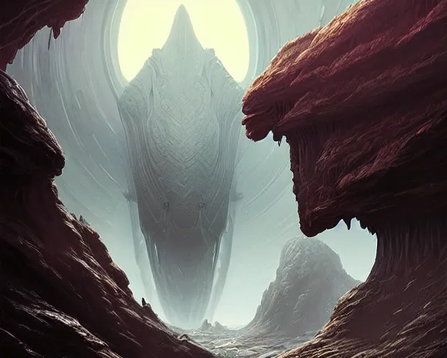 Prompt: professional ominous concept art of an alien planet landsacpe by artgerm and greg rutkowski ( thin white border ). an intricate, elegant, highly detailed digital painting, concept art, smooth, sharp focus, illustration, in the style of cam sykes, wayne barlowe, igor kieryluk.