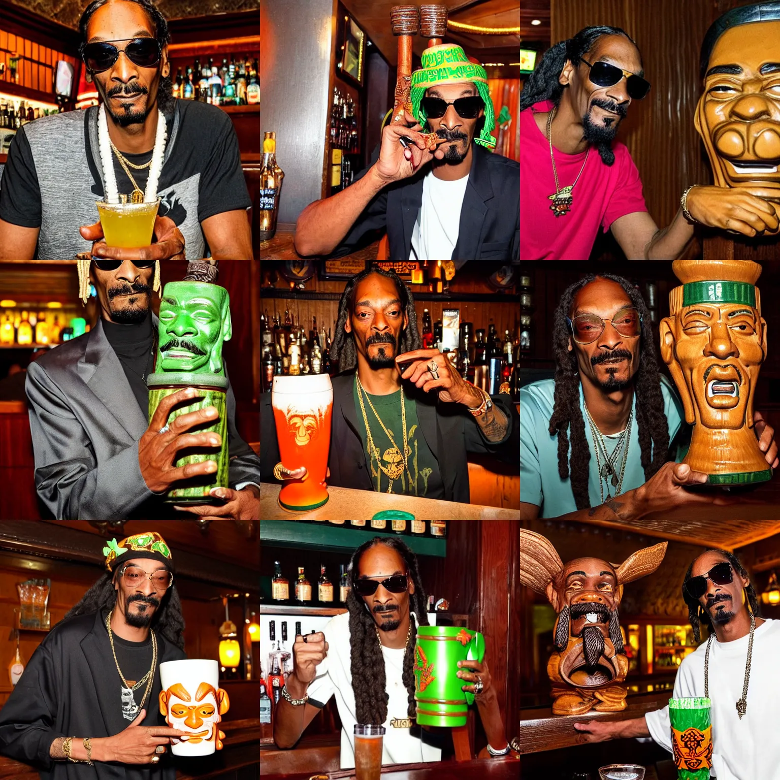 Image similar to snoop dogg at trader vic's bar holding a tiki mug with his face on it