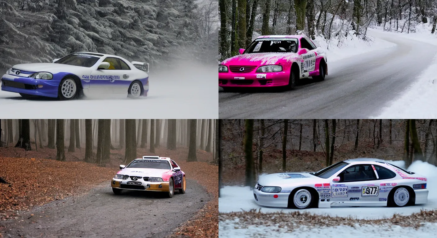 Prompt: a 1 9 9 7 lexus sc 3 0 0, racing through a rally stage in a snowy forest