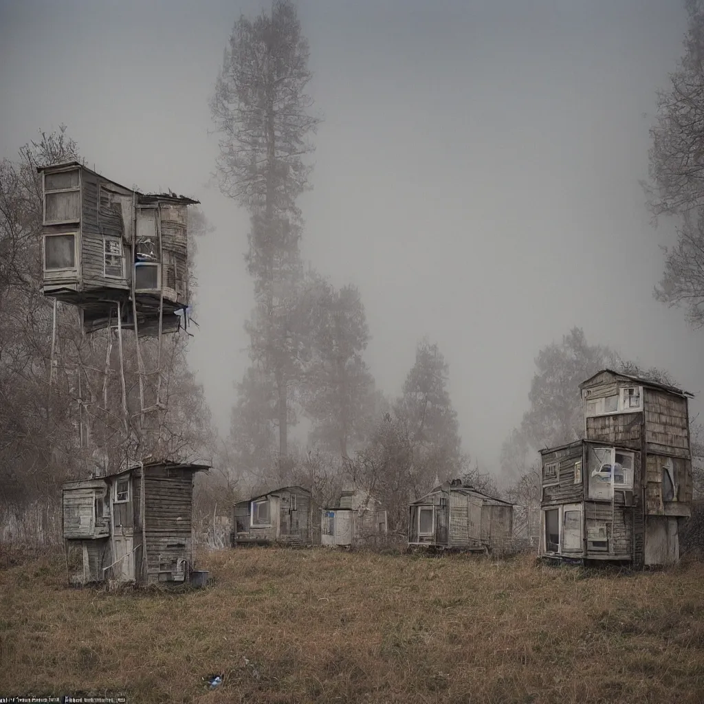 Prompt: two towers, made up of makeshift squatter shacks with pastel colours, misty, dystopia, mamiya rb 6 7, fully frontal view, very detailed, photographed by jeanette hagglund