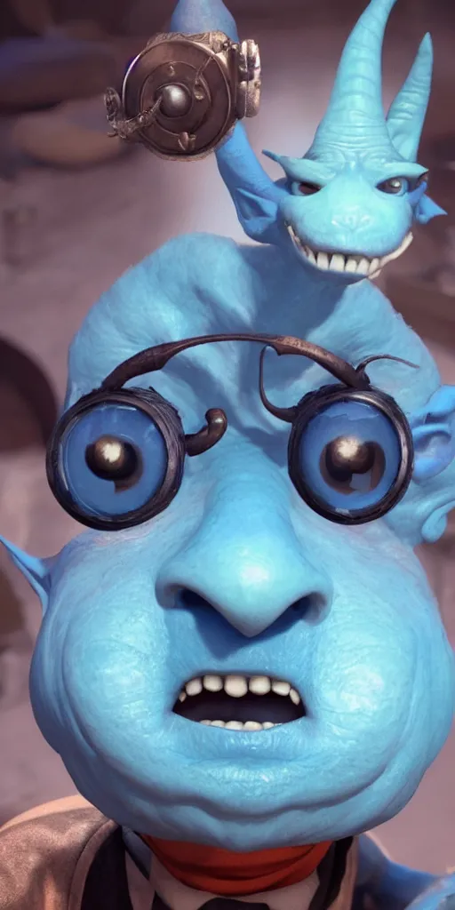 Prompt: a beautiful portrait of a happy blue goblin creature with a monocle by james gurney | centered | unreal engine :. 3