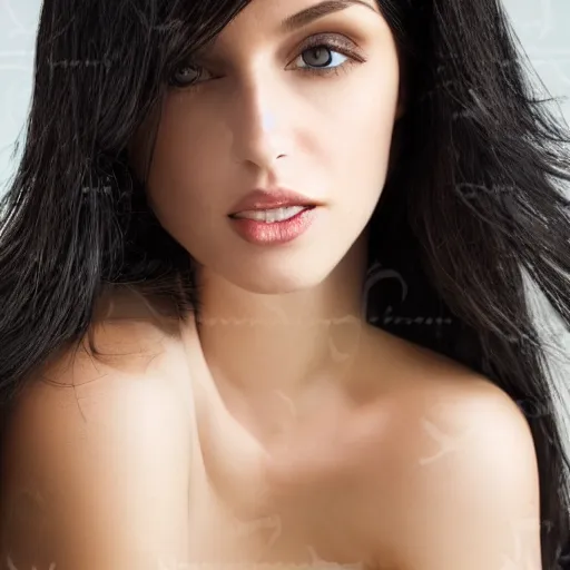 Prompt: raven haired seductive woman with stunning light eyes with a beautiful face, thin nose, fair skin, soft skin, long neck, wearing a tube top