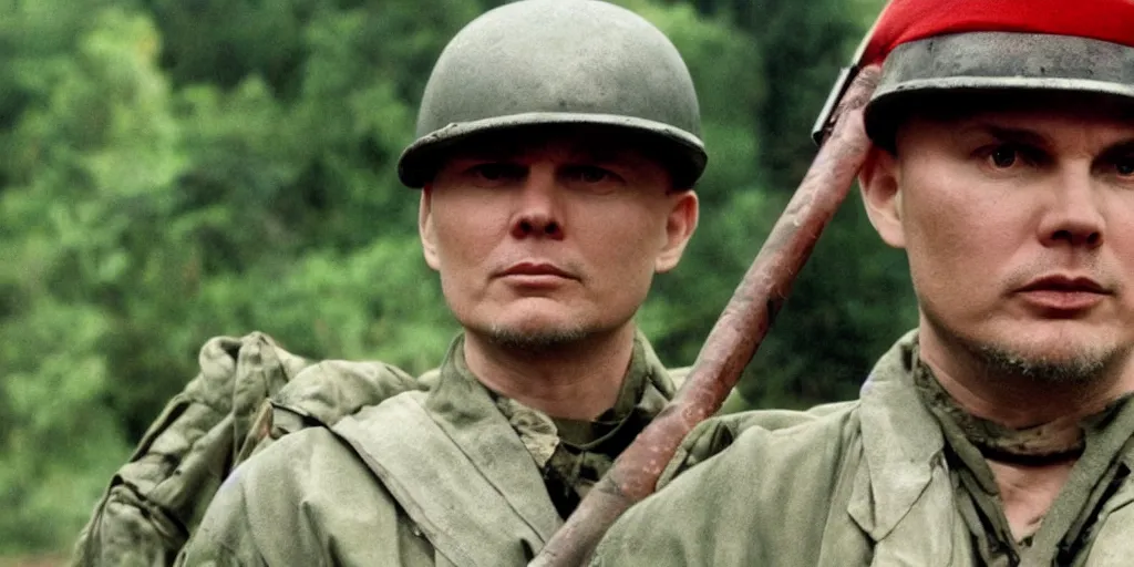 Prompt: a film still of Billy Corgan in the thin red line, high detail,