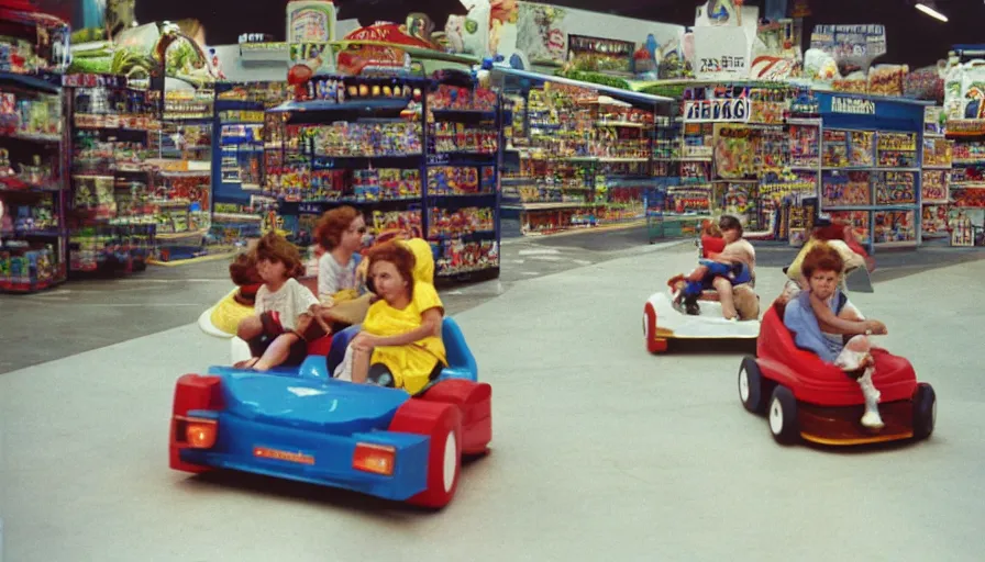 Prompt: 1990s photo of inside the Boring News Grown up errands ride at Universal Studios in Orlando, Florida, children riding on tiny minivans go-carts through a fake grocery store course , flying soccer balls, cinematic, UHD