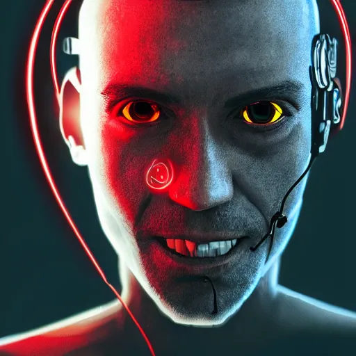 Prompt: a Portrait of a cyborg with wires coming out of his face, red glowing eyes, by Sam Spratt, by Vlad Rodrig﻿u﻿e﻿z, computer screens in the background, trending on Artstation, dark, dramatic, cinematic, realistic studio lighting, realistic reflections, 4k, professional, canon