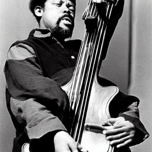 Prompt: charles mingus playing bart simpson like a bass, 1 9 6 0 s photograph, on stage
