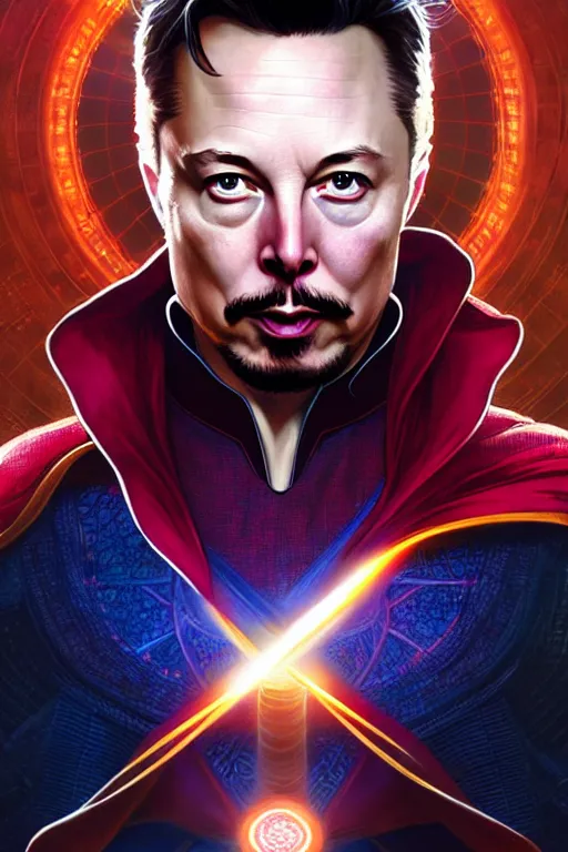 Image similar to elon musk as dr strange, realistic portrait, symmetrical, highly detailed, digital painting, artstation, concept art, smooth, sharp focus, illustration, cinematic lighting, art by artgerm and greg rutkowski and alphonse mucha