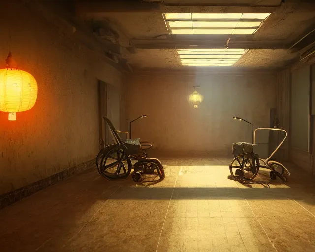 Prompt: artstation scifi scene of an old chinese ward, a bouquet of light on the ground business card, one ceiling fan, 2 wheelchair, crutches, 4 beds, dust, paneled walls, unreal engine 5, hyper realism, realistic shading, cinematic composition, blender render, octane render, hdr, detailed textures, photorealistic, wide shot