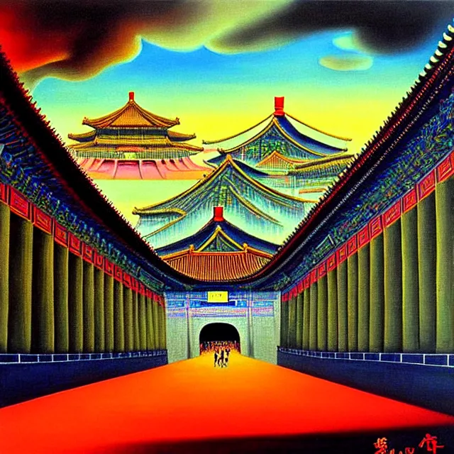 Image similar to a beautiful painting cyberpunk beijing imperial palace, temple of heaven, great wall, by salvador dali realistic oil painting