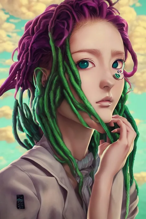 Image similar to portrait of an anime manga girl with green snake dreads, straight on portrait, by artgerm, james jean, tom bagshaw, gerald brom, vaporwave colors, lofi colors, vaporwave, lofi, goth vibe, 4 k, smooth, hd, substance designer render, full body character concept art, symmetrical,