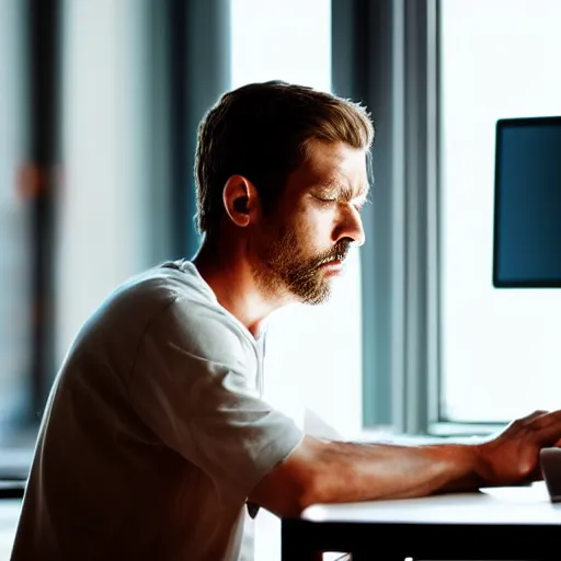 Image similar to detailed photorealistic a man sitting while crying because stuck in front of his computer because programming. bokeh and cinematic