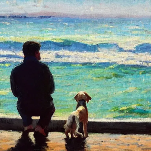 Image similar to a man staring off into the ocean with his dog, impressionist