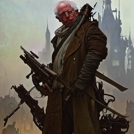 Image similar to post apocalyptic bernie sanders, fantasy, d & d, intricate, detailed, by by alphonse mucha, adolfo hohenstein, alice russell glenny, stanley artgerm lau, greg rutkowski, detailed, trending on artstation, trending on artstation, smooth