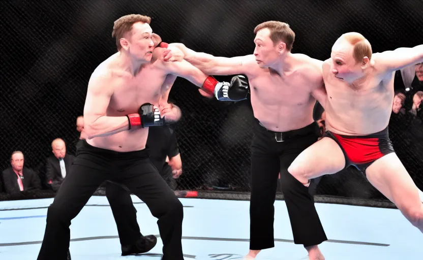 Image similar to Elon musk fighting Vladimir Putin in the MMA octagon, cinematic shot