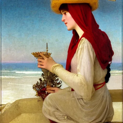 Image similar to A girl with jester hat and clothes on the front of a Balustrade with a beach on the background, major arcana clothes, by paul delaroche, alphonse mucha and arnold böcklin arnold böcklin hyperrealistic 8k, very detailed